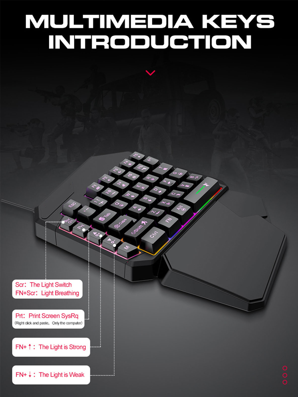 Gaming-Tastatur mit Multimediatasten und Lichteinstellungen.
