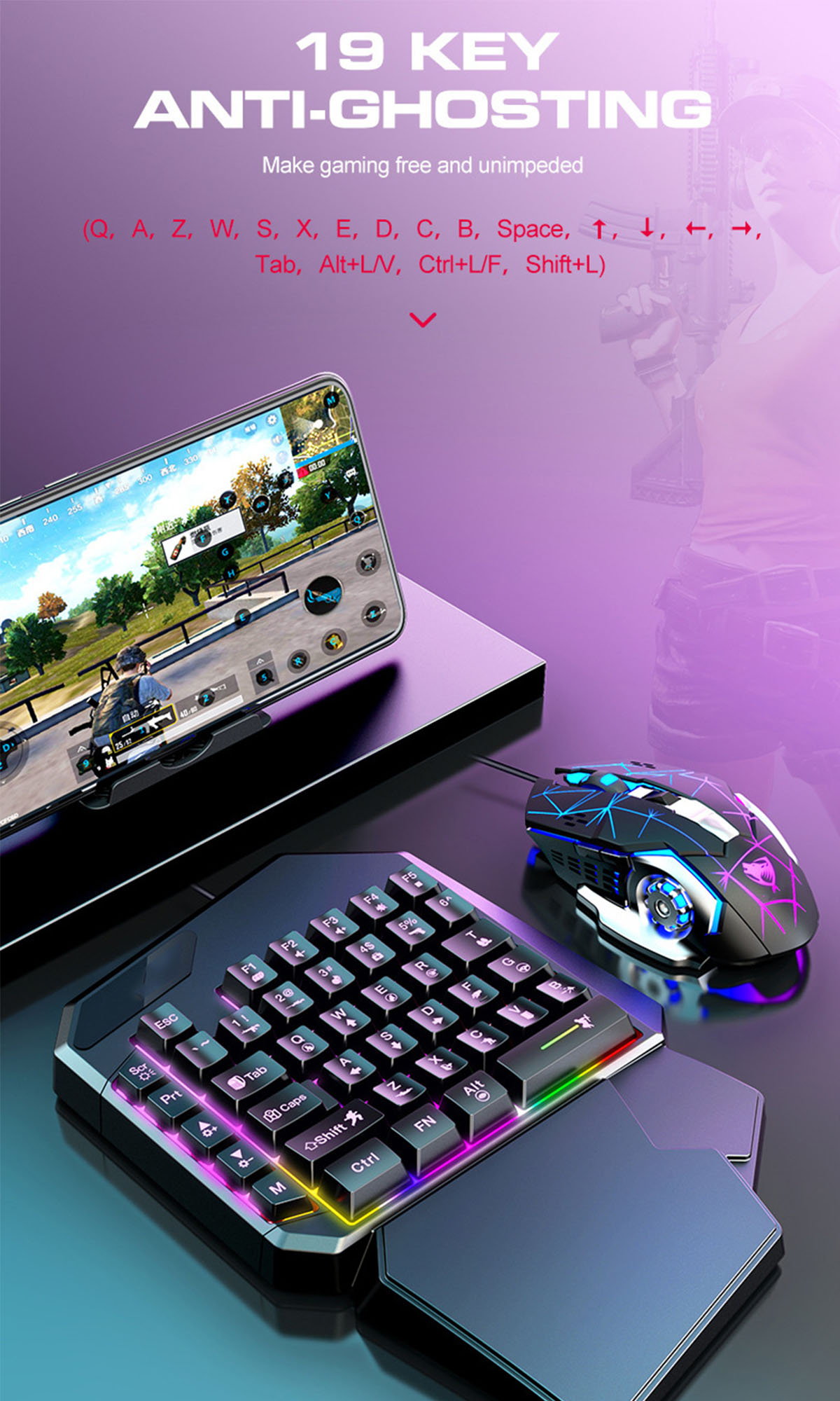 Gaming-Controller mit Tastatur und Maus. Telefon zeigt ein Spiel. Anti-Ghosting-Funktionen hervorgehoben.