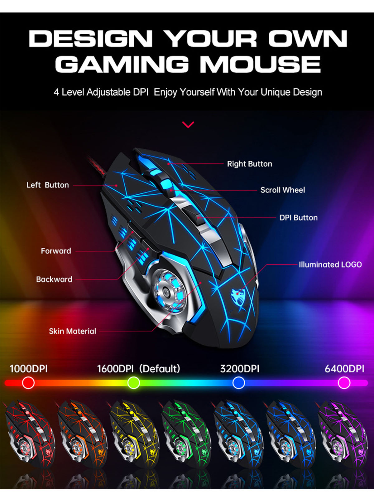 Gaming-Maus mit blauen Lichtern, verschiedene DPI-Einstellungen unten angezeigt.