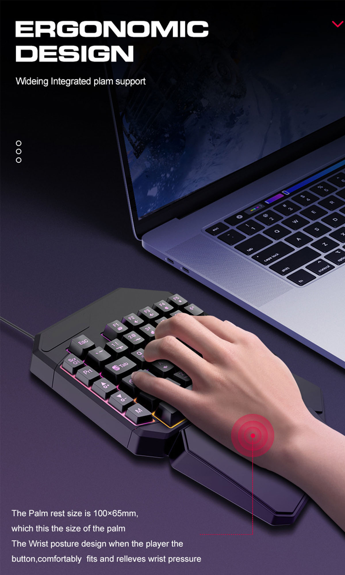 Ergonomische Tastatur mit Laptop. Eine Hand liegt auf der Tastatur, roter Kreis markiert Handgelenk.