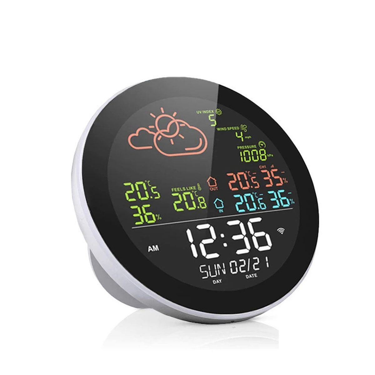 Eine digitale Wetterstation mit schwarzem Rahmen, die Wetterdaten anzeigt.