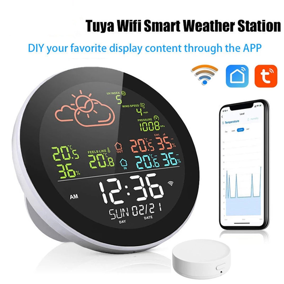 Intelligente Wetterstation mit digitalem Display und einem Mobiltelefon, das Wetterdaten anzeigt.