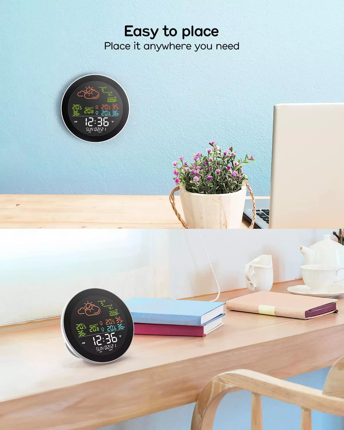 Eine Smartwatch zeigt Wetterinformationen an. Sie steht auf einem Tisch mit Büchern, einer Pflanze und einem Laptop.