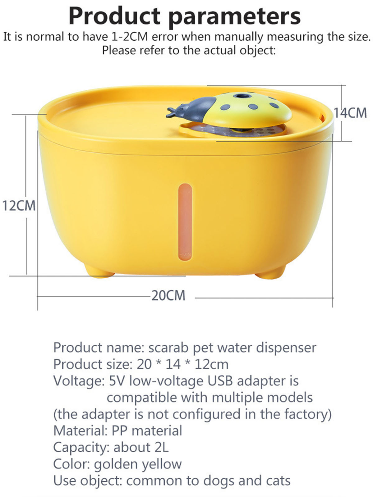 Gelber Haustier-Wasserspender mit Marienkäfer-Detail, mit Produktparametern und Maßen.