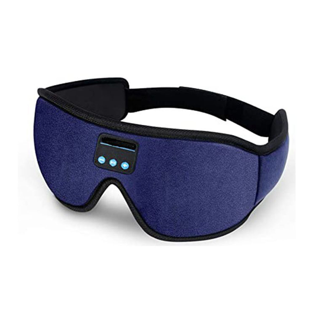 Blaue Schlafmaske mit Bluetooth-Steuerung. Schwarze Einfassung um die Maske.