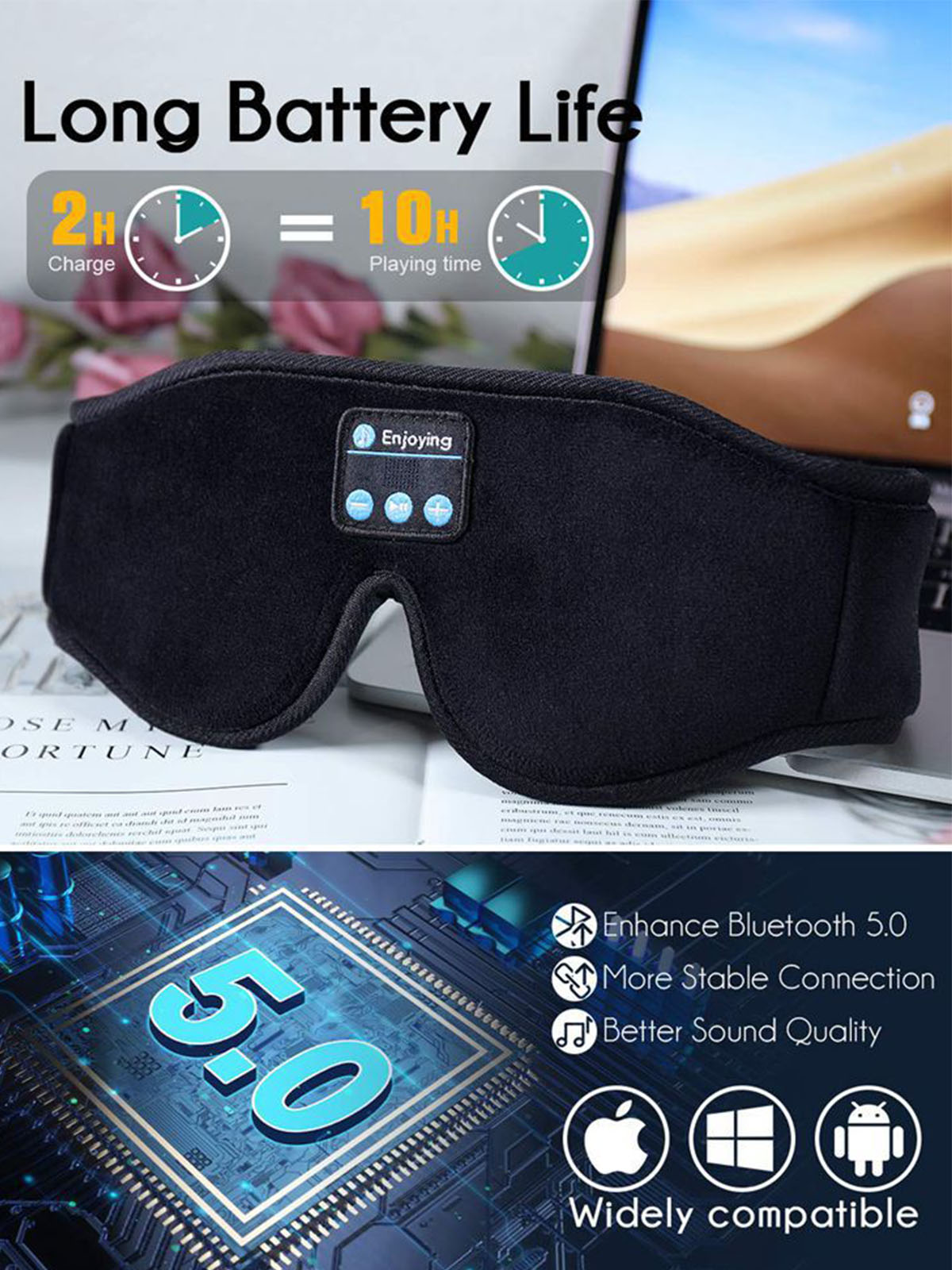 Schwarze Schlafmaske mit Knöpfen, über einem Buch und einem Laptop. Bewirbt Bluetooth und Akku.