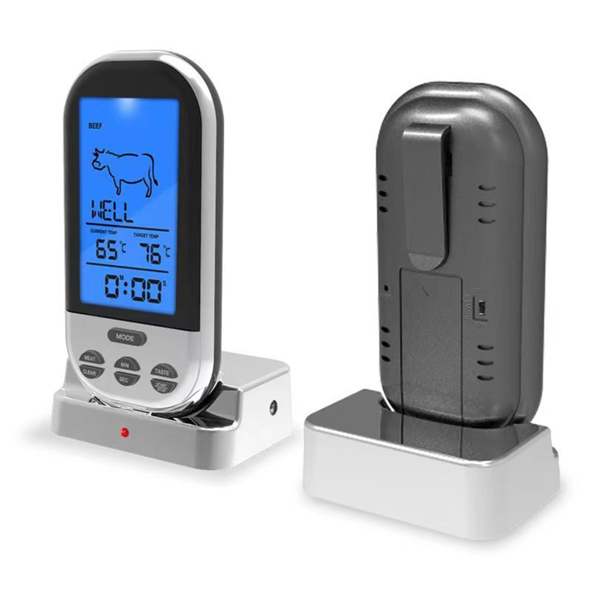 Fleischthermometer mit Digitalanzeige, die Temperatur und Einstellungen zeigt.