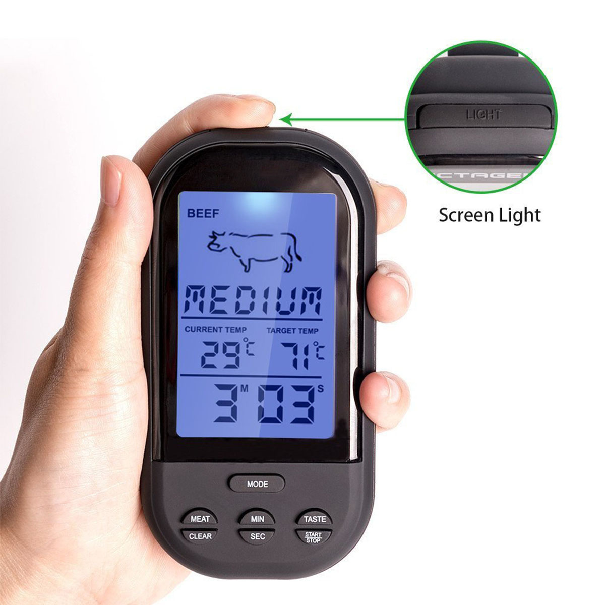 Schwarzes Thermometer mit Digitalanzeige. Es zeigt Temperaturmesswerte an.