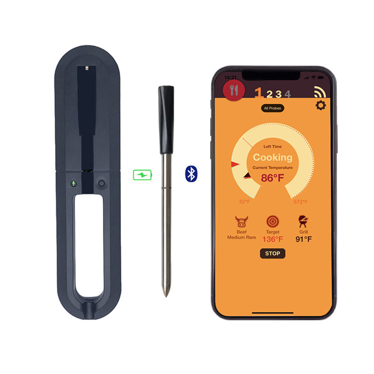 Ein Fleischthermometer neben einem Smartphone-Bildschirm mit Kochinformationen. Es gibt ein Batteriesymbol und ein Bluetooth-Logo.