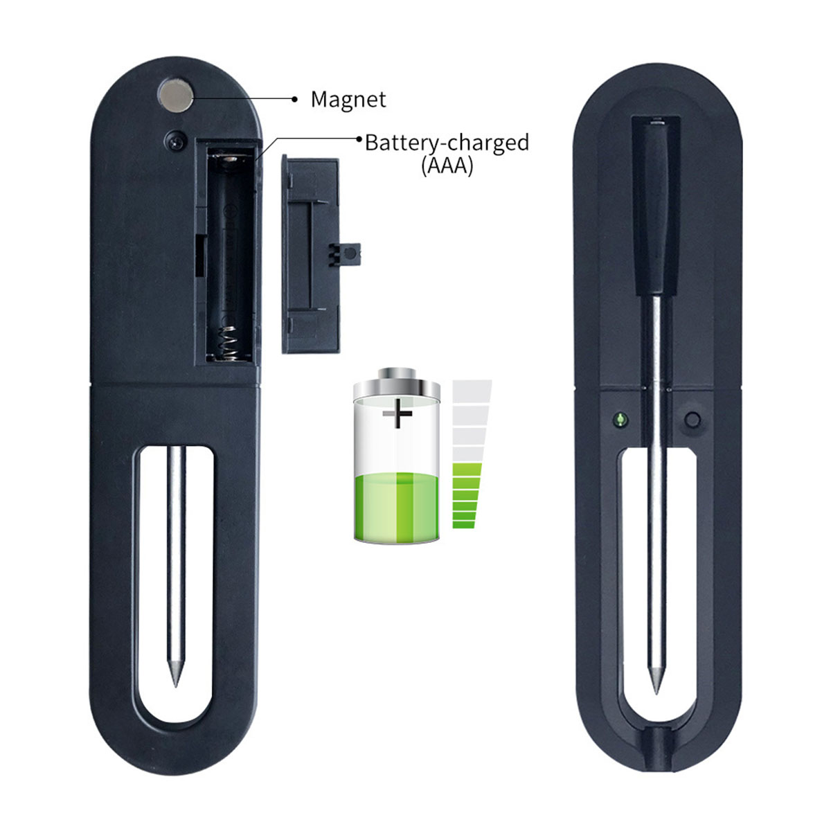 Ein schwarzes digitales Fleischthermometer, das die inneren Komponenten und Batteriedetails zeigt.