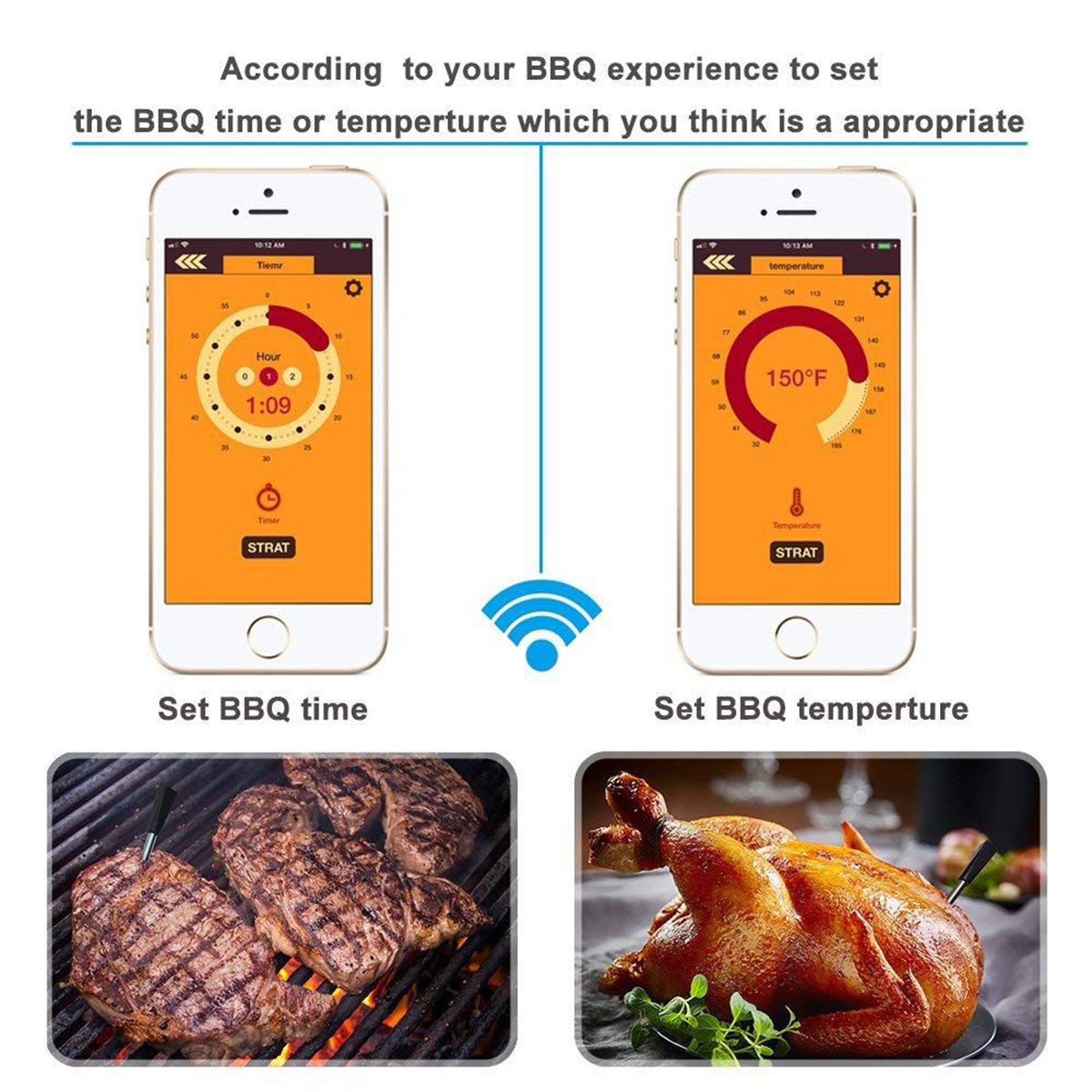 Zwei Smartphones zeigen Grillzeit- und Temperatureinstellungen.