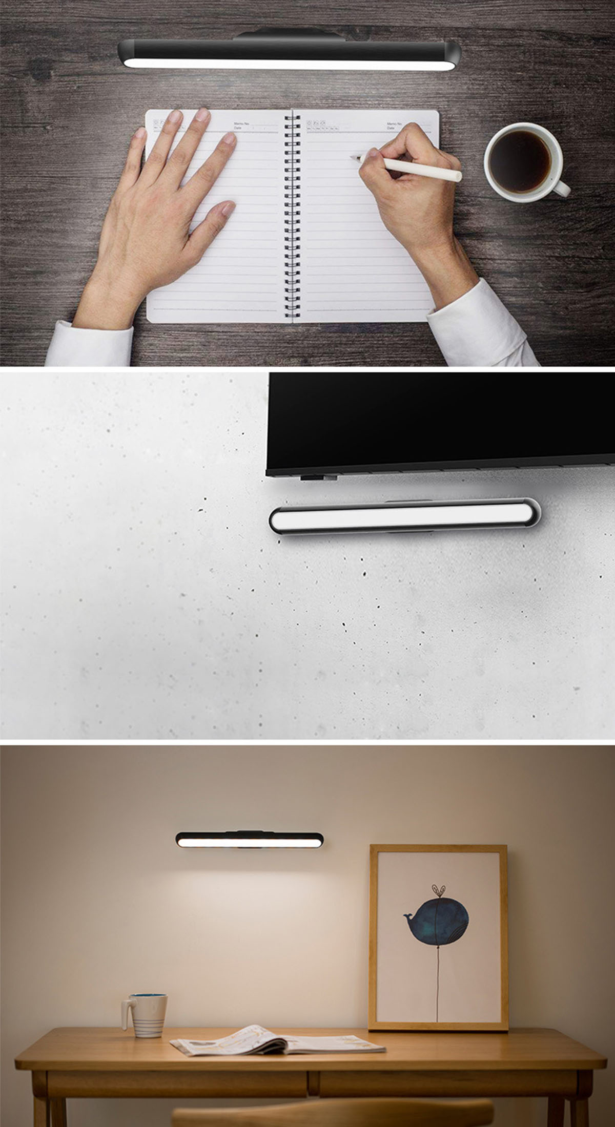 Drei Fotos, die eine Schreibtischlampe in verschiedenen Umgebungen zeigen, mit Notizbuch, Stift und Kaffee.