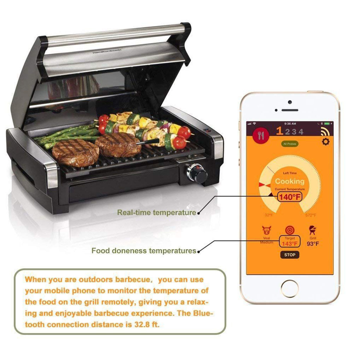 Grill mit Essen und einem Telefon, das die Temperatur anzeigt. Essen ist auf dem Grill.
