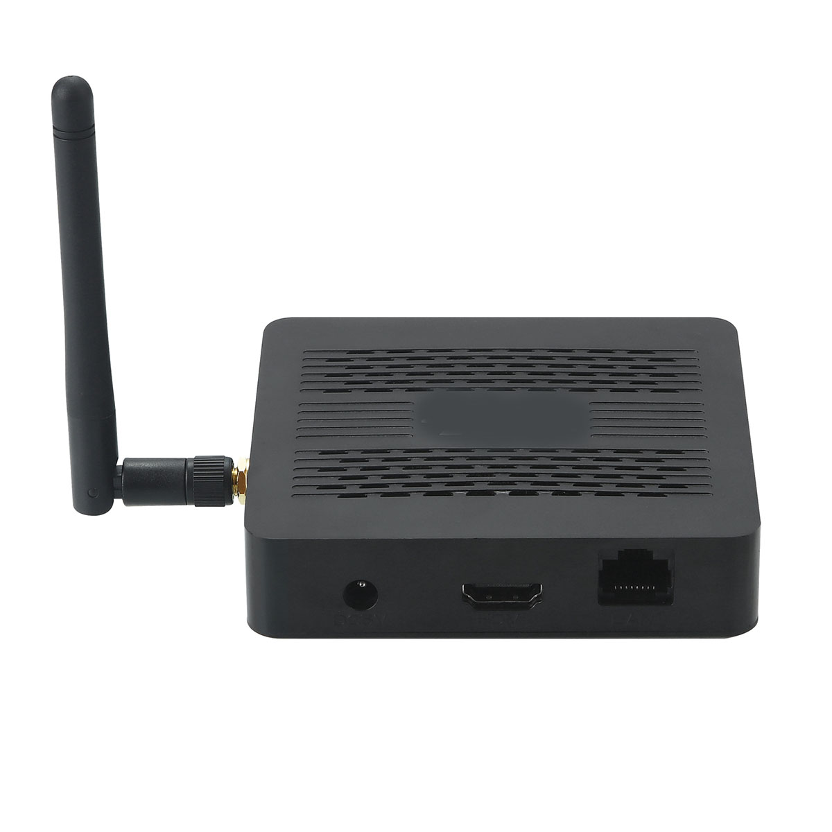 Ein schwarzer Router mit Antenne und Anschlüssen auf weißem Hintergrund. Der Router hat eine schwarze Antenne.
