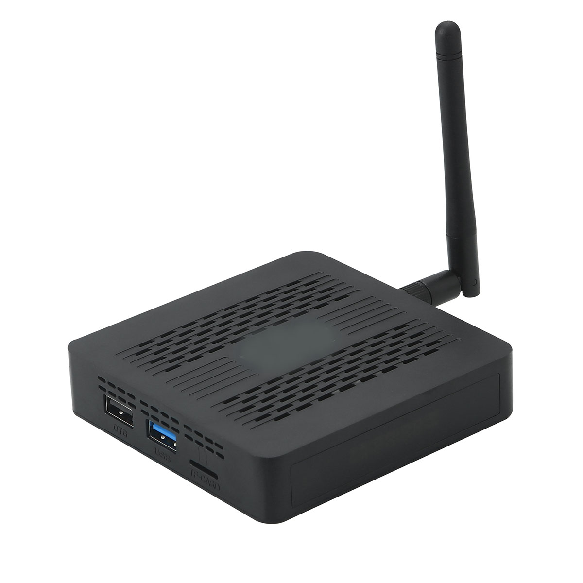 Eine schwarze Medienbox mit Antenne, die Anschlüsse an der Seite zeigt.