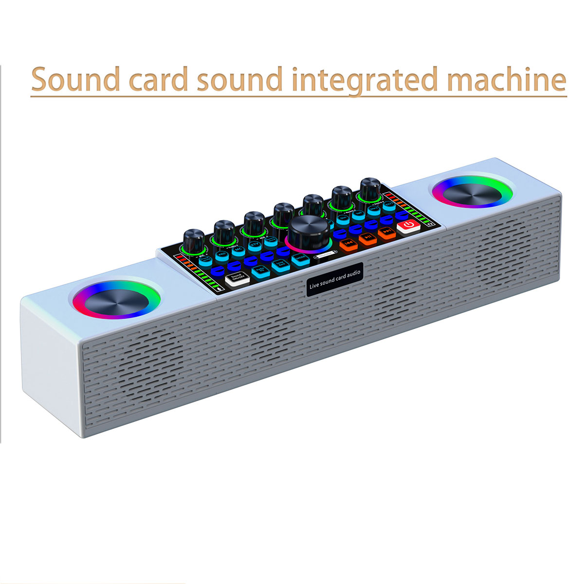 Ein Soundkarten-Audiomixer mit Knöpfen, Tasten und Lichtern auf weißem Hintergrund.