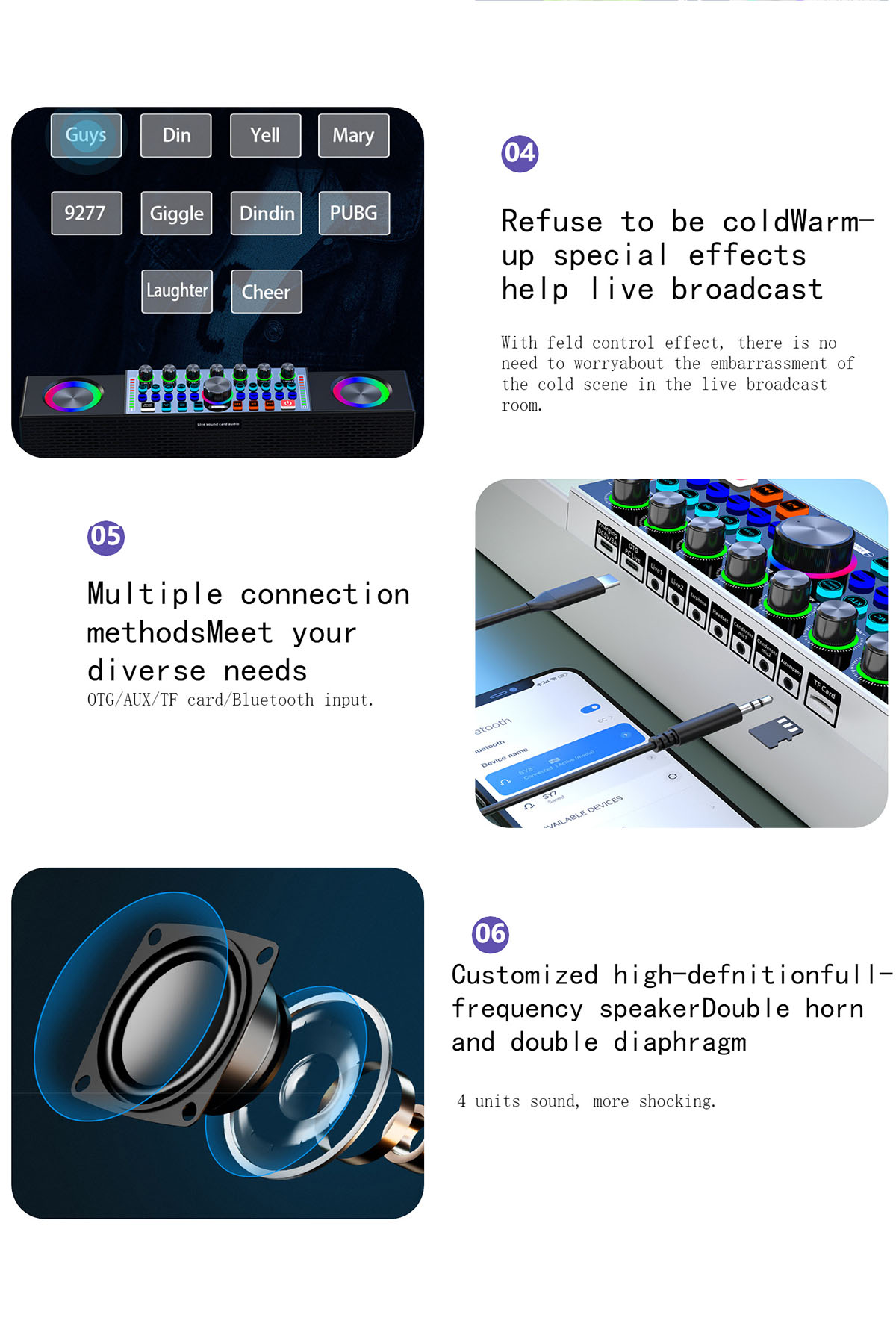 Soundmixer mit mehreren Bedienelementen und Diagrammen. Details zu Audioausrüstung und Anschlüssen.