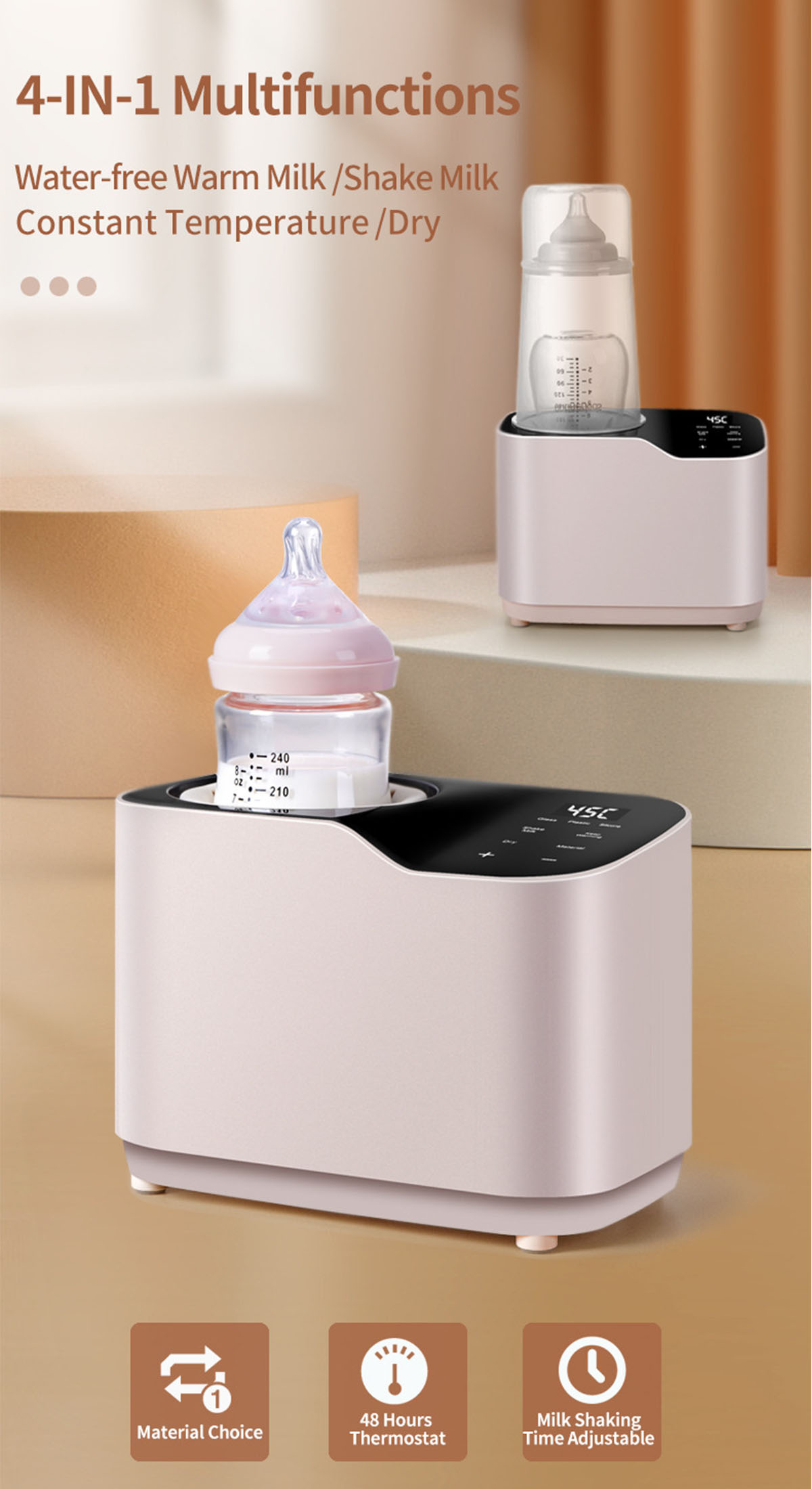 Babyflaschenwärmer mit Flaschen. Text: 4-IN-1, erwärmt Milch, schüttelt Milch, konstante Temperatur und trocken.
