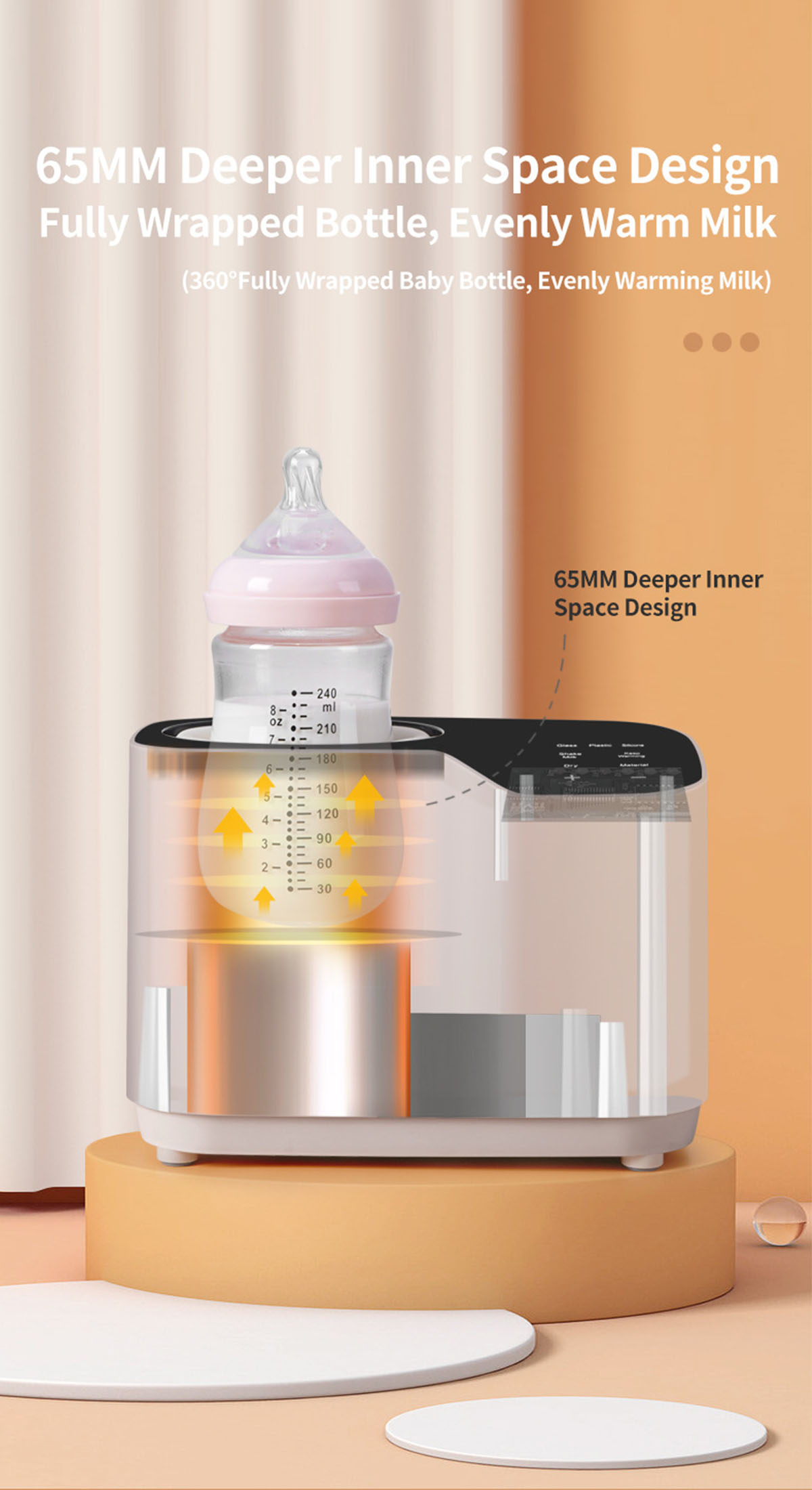 Babyflaschenwärmer, transparent, zeigt Flasche mit Milchständen.