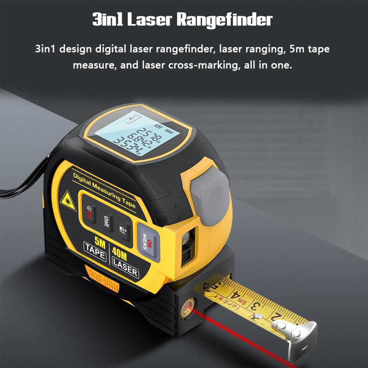 Ein gelb-schwarzes Maßband mit rotem Laserpointer.