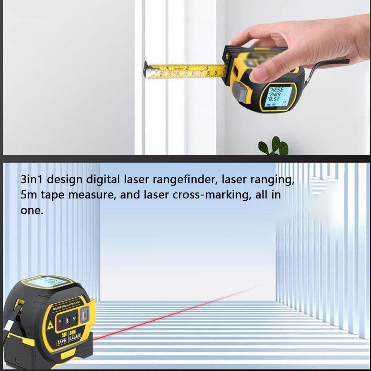 Ein 3-in-1 digitales Laser-Entfernungsmessgerät, Maßband, mit Laser-Kreuzmarkierung auf einer Oberfläche.