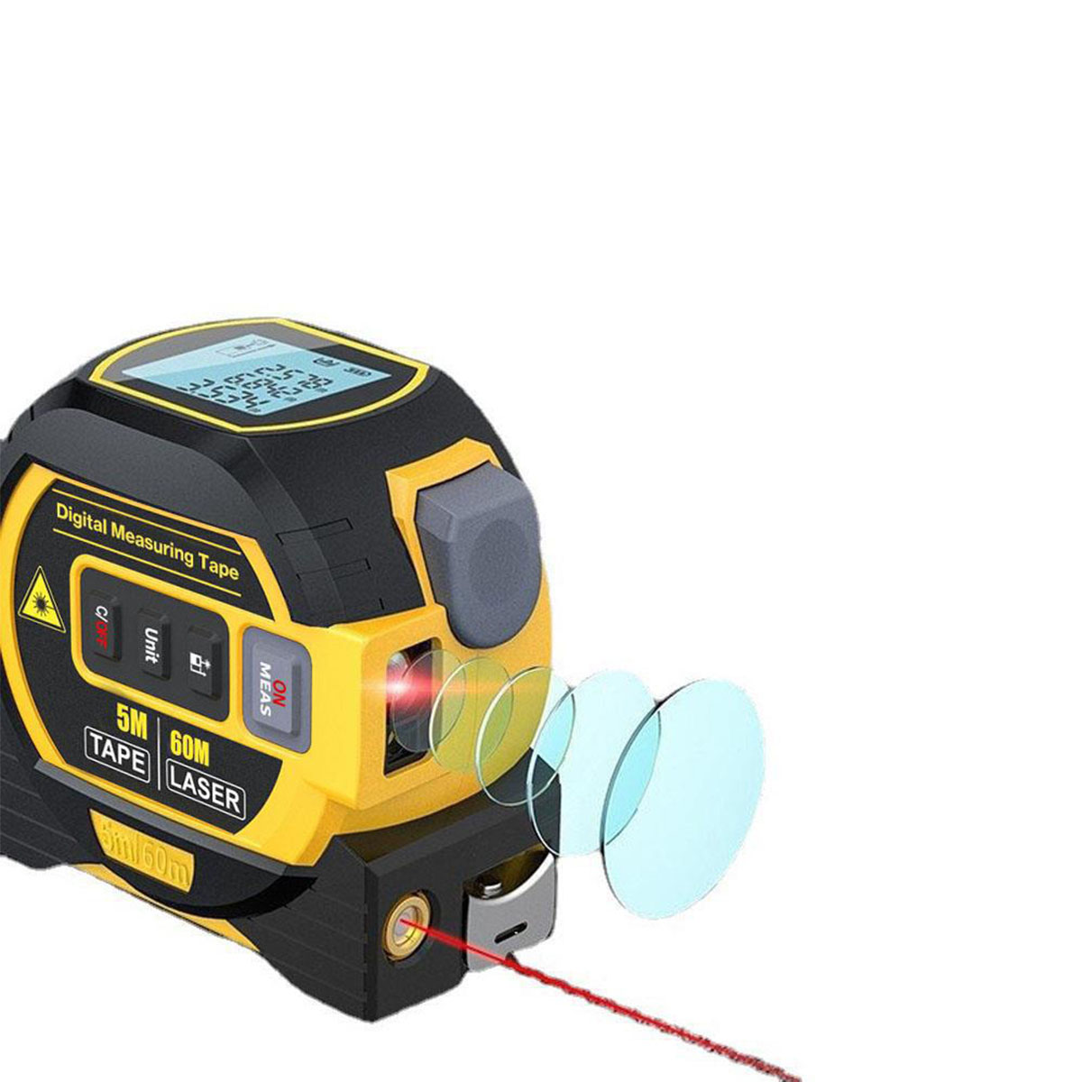 Ein digitales Maßband, schwarz und gelb, zeigt ein Maß an. Ein roter Laserstrahl geht vom Gerät aus.