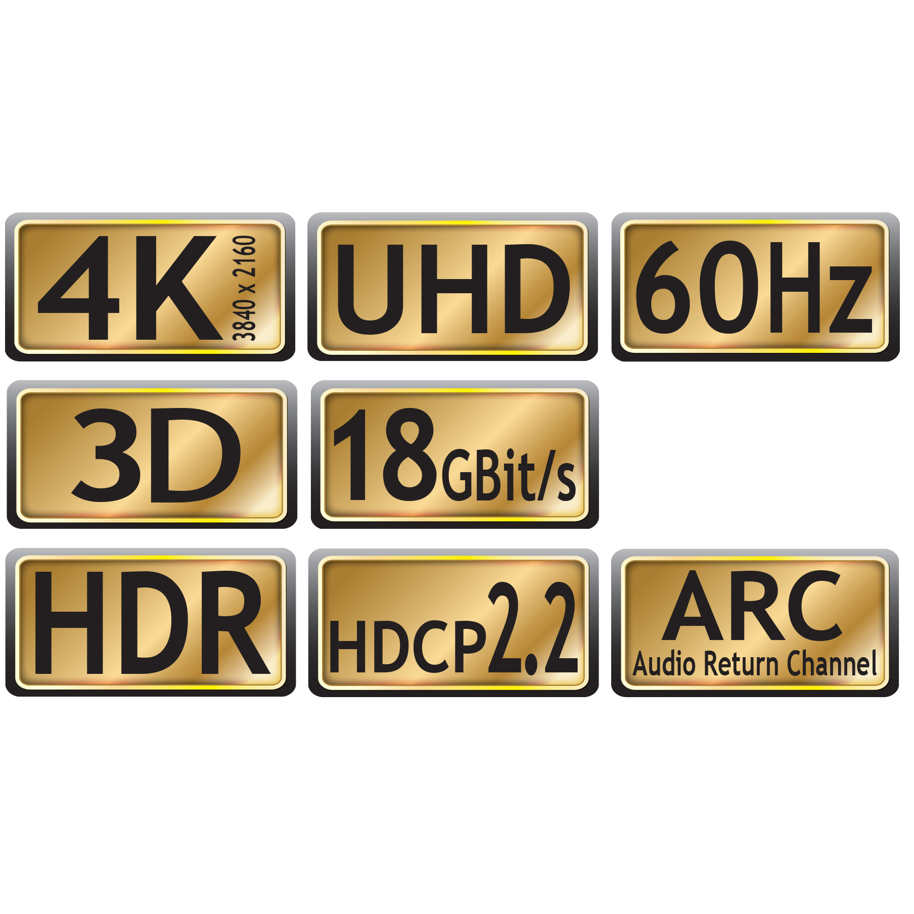 Etiketten mit 4K, UHD, 60Hz, 3D, 18Gbit/s, HDR, HDCP 2.2 und ARC. Goldene Farbe.