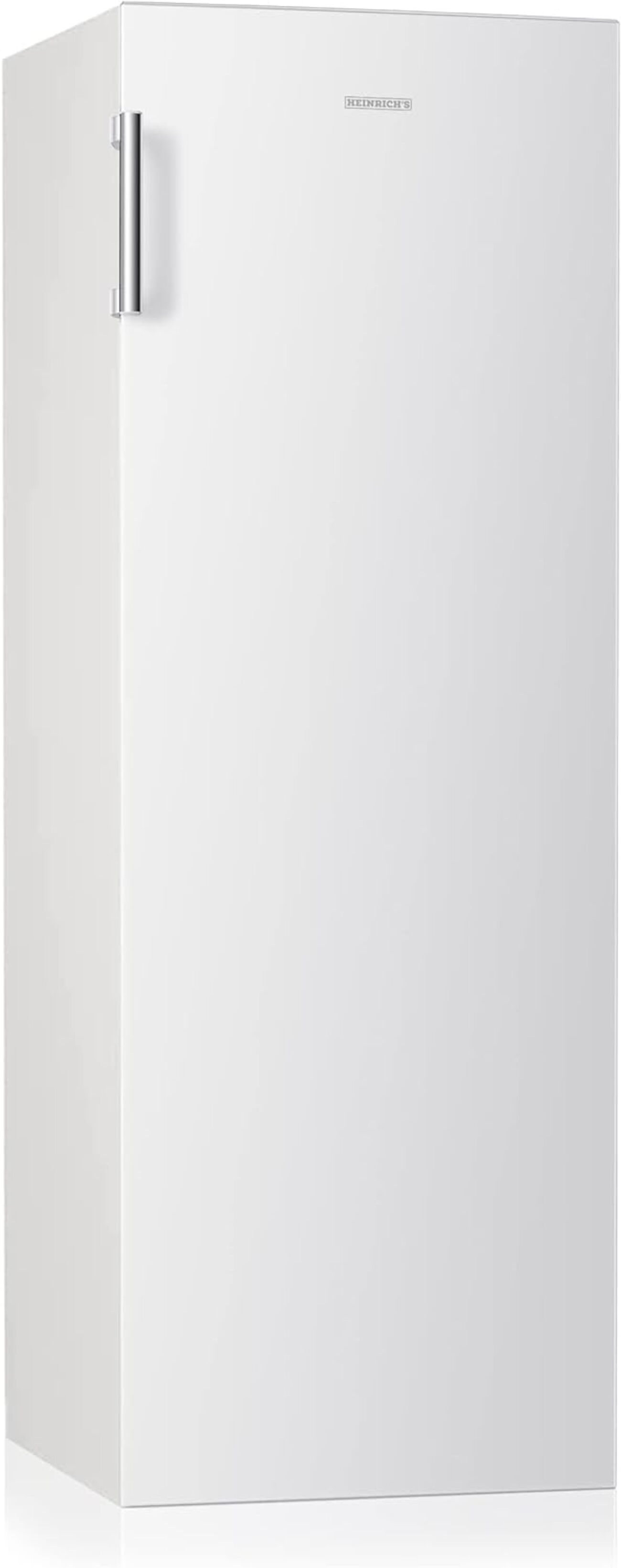 Weißer Kühlschrank mit silbernem Griff und Markenlogo oben.