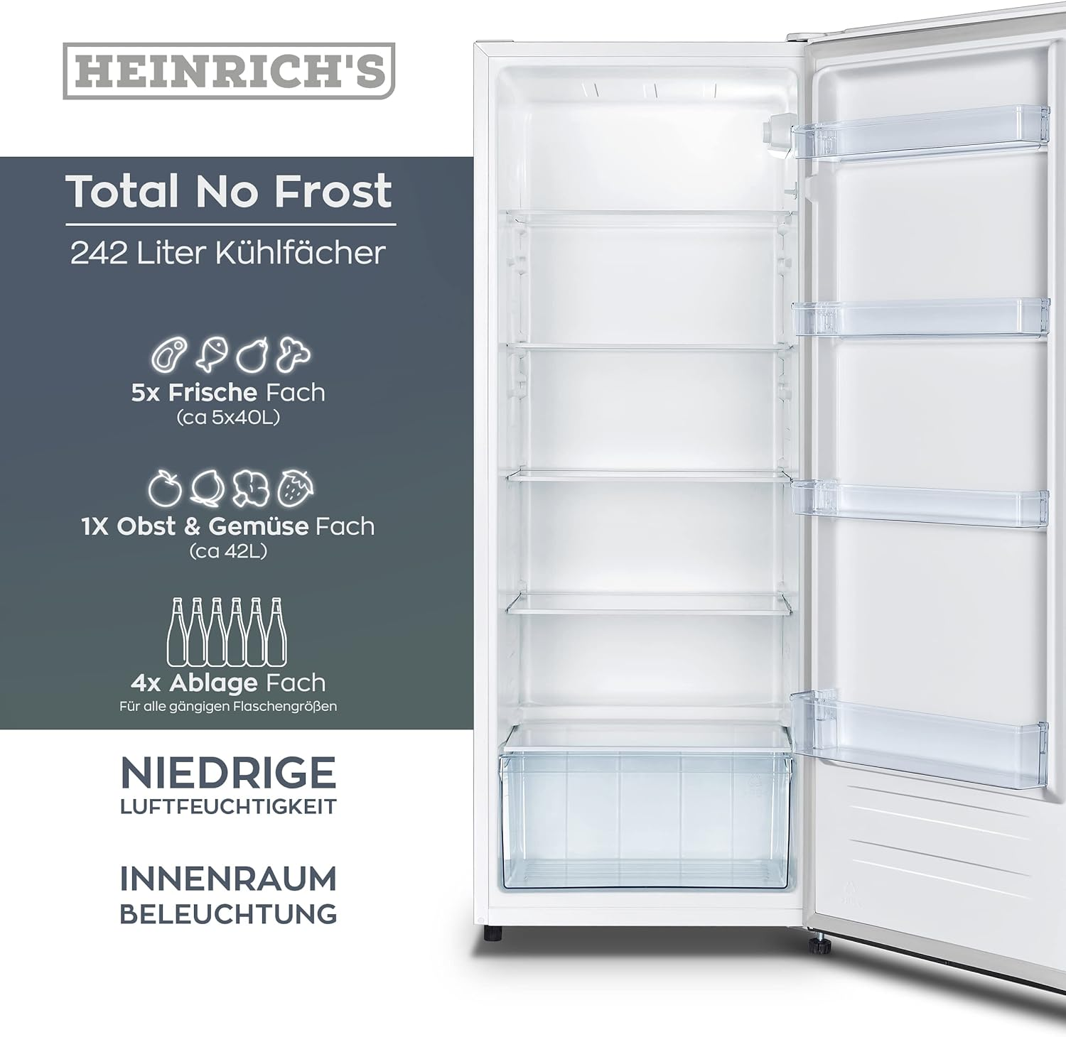 Offener Kühlschrank mit Regalen. Textdetails: Kein Frost, 242L Kapazität, 5 Obst- und Gemüsefächer und 4 Regale.