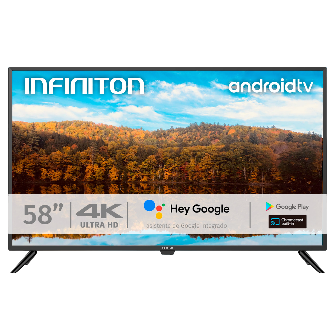 Un televisor de pantalla grande con la palabra INFINITON y Android TV en la pantalla.