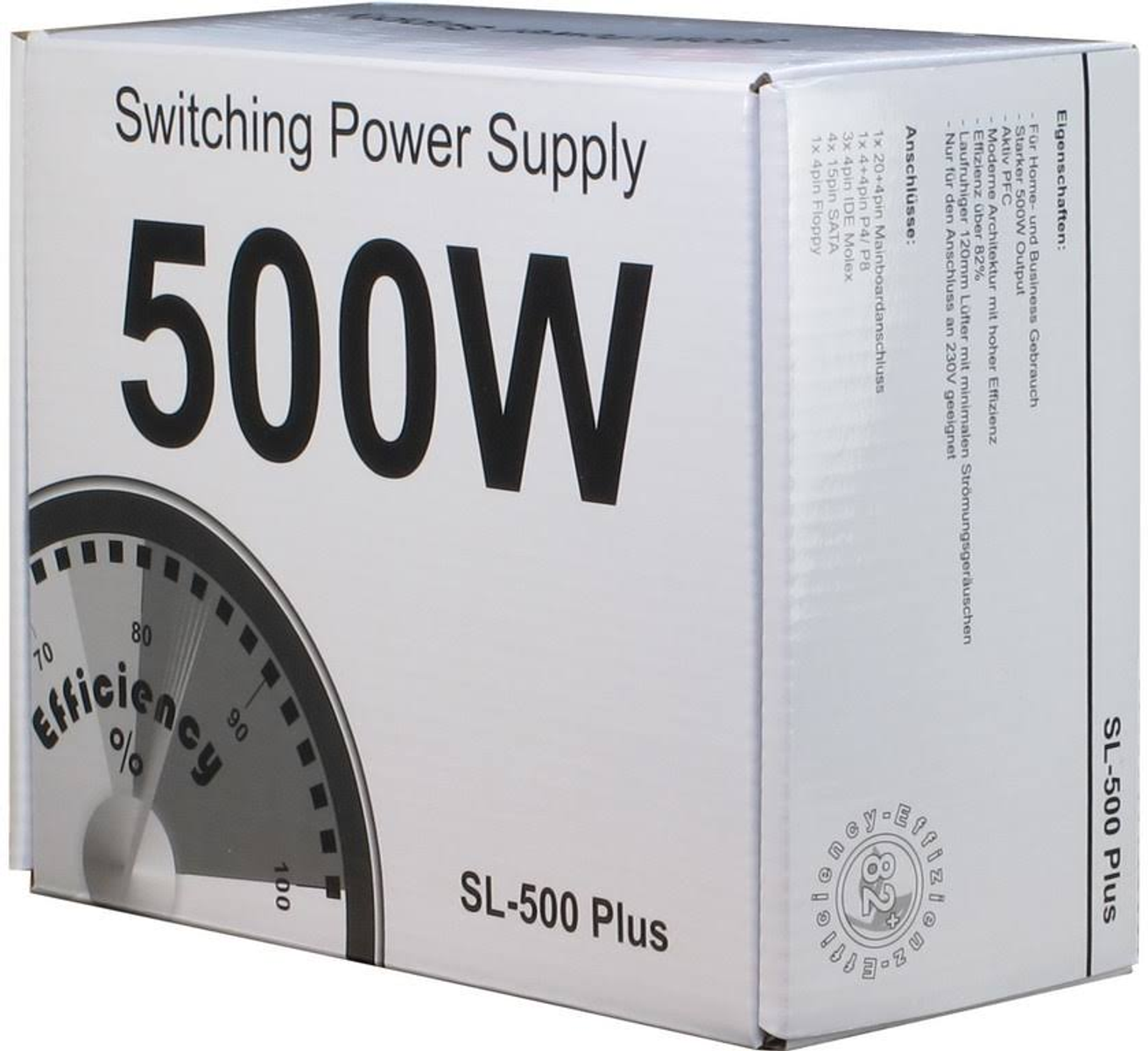 Białe pudełko z napisem "Switching Power Supply 500W". Z boku napis "SL-500 Plus".