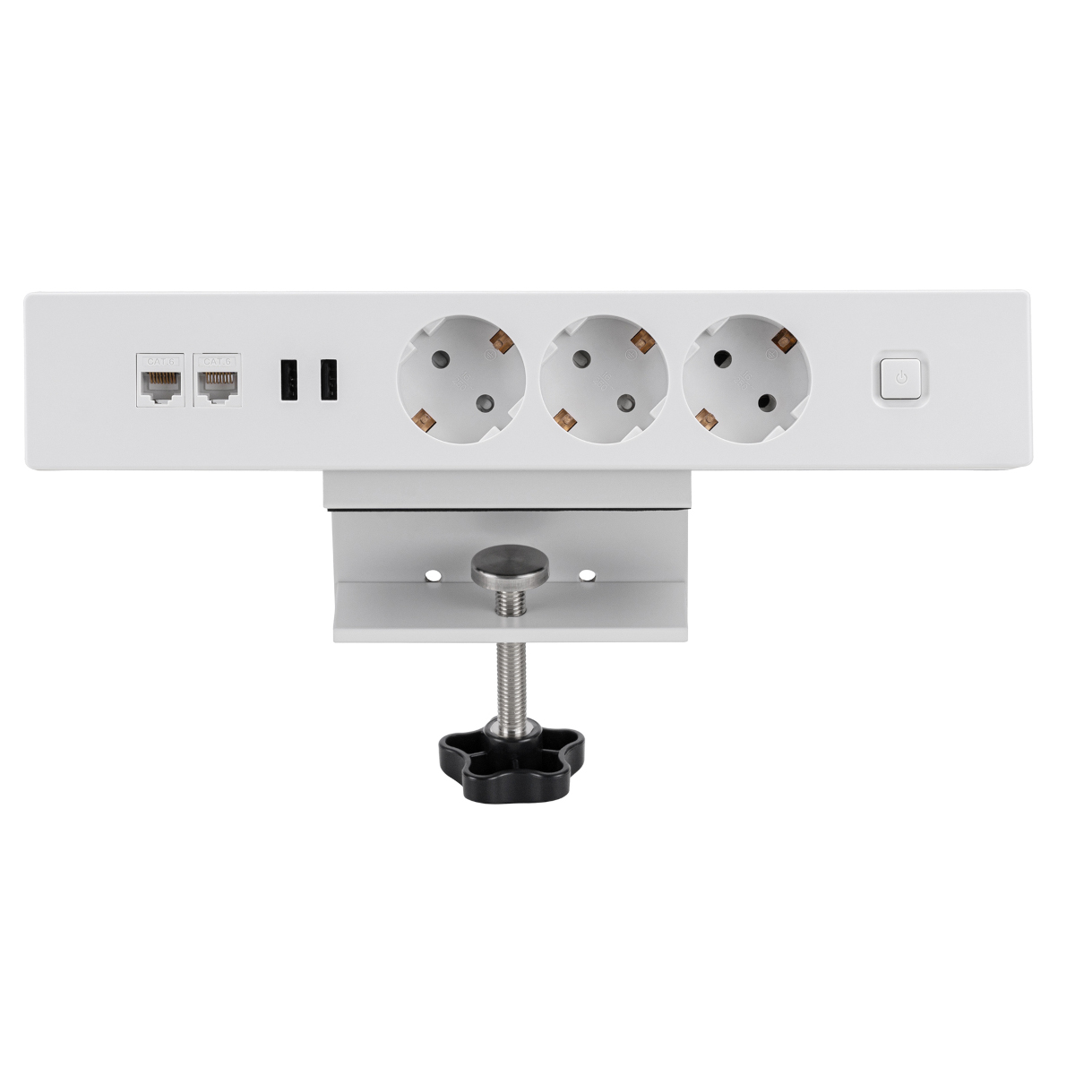 Weiße Steckdosenleiste mit drei Steckdosen, zwei Netzwerkanschlüssen, USB-Anschluss und Netzschalter.