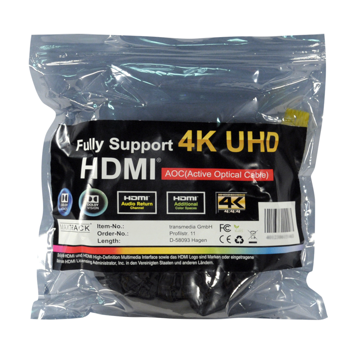 HDMI-Kabel in Kunststoffverpackung. Die Verpackung hat Text über 4K UHD und HDMI-Unterstützung.