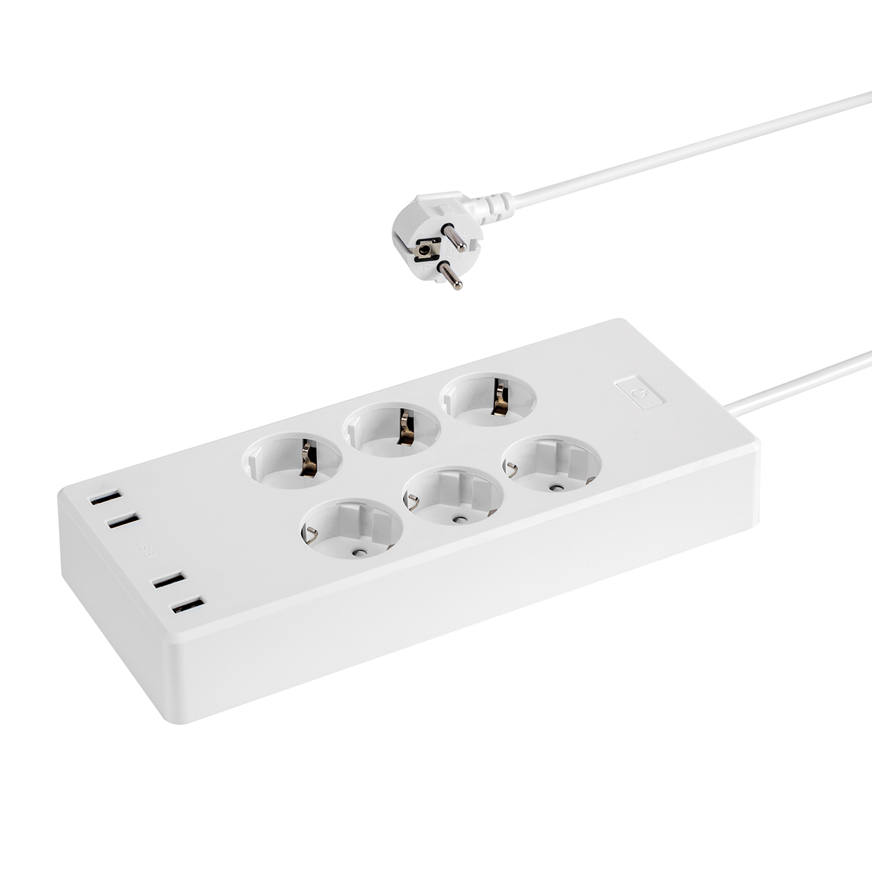 Weiße Steckdosenleiste mit 5 Steckdosen, 2 USB-Anschlüssen und einem Stecker. Der Stecker befindet sich über der Leiste.