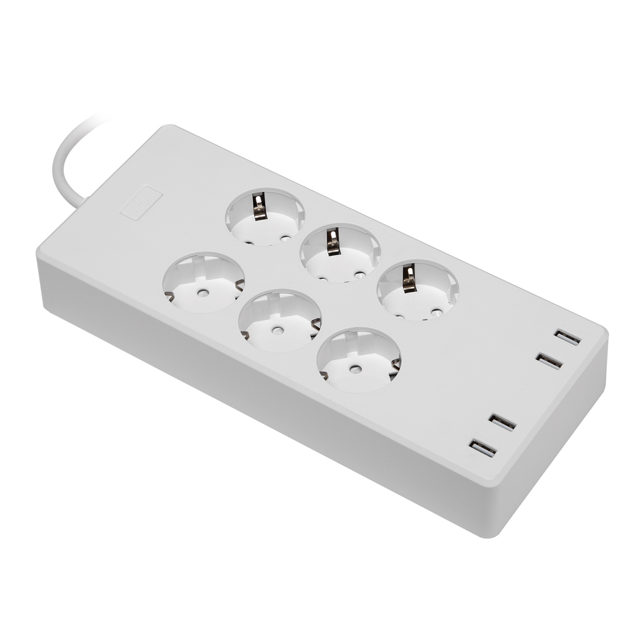 Weiße Steckdosenleiste mit 5 Steckdosen und 2 USB-Anschlüssen. Die Steckdosenleiste ist abgewinkelt.