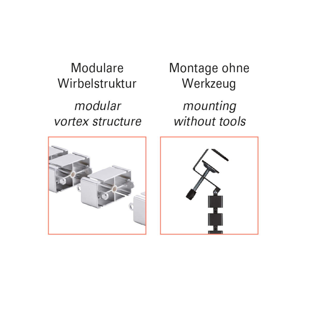 Diagramm der modularen Wirbelstruktur und Montage ohne Werkzeug, mit Bildern.