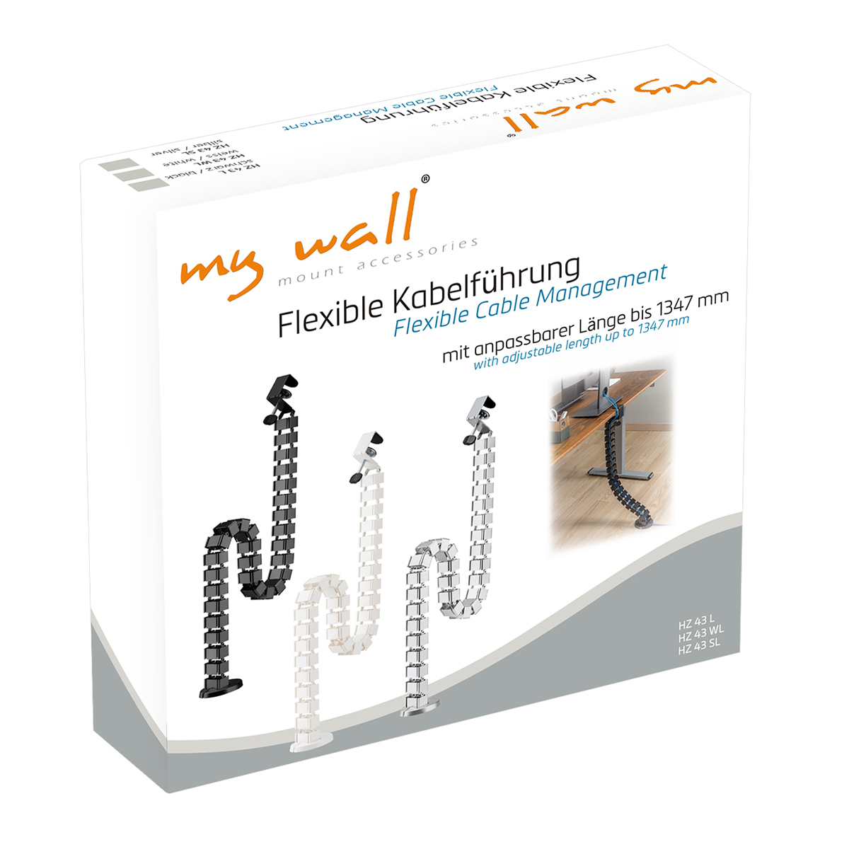Box mit flexiblem Kabelführungszubehör. Die Box ist weiß und grau.