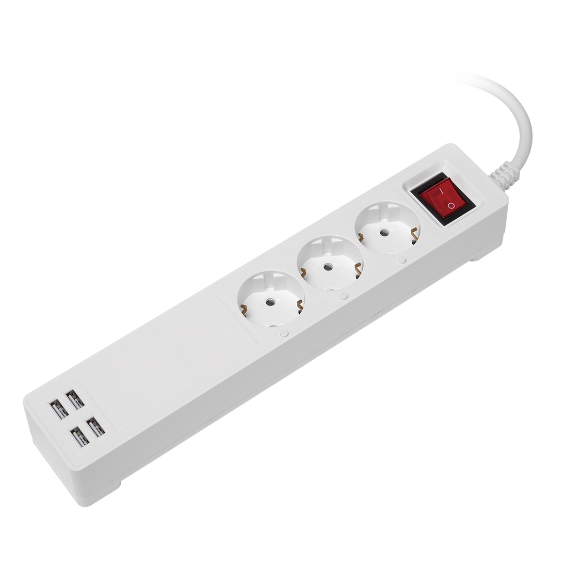 Weiße Steckdosenleiste mit 3 Steckdosen, 4 USB-Anschlüssen und einem roten Schalter. Die Leiste ist abgewinkelt.