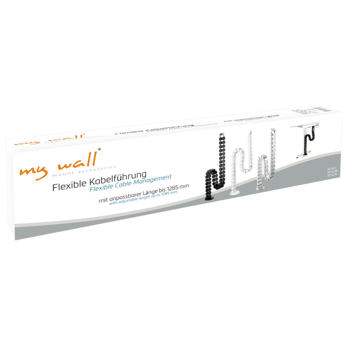 Weiße Schachtel mit flexiblem Kabelmanagement mit schwarzen und weißen Kabeln im Inneren. Weißer Hintergrund.