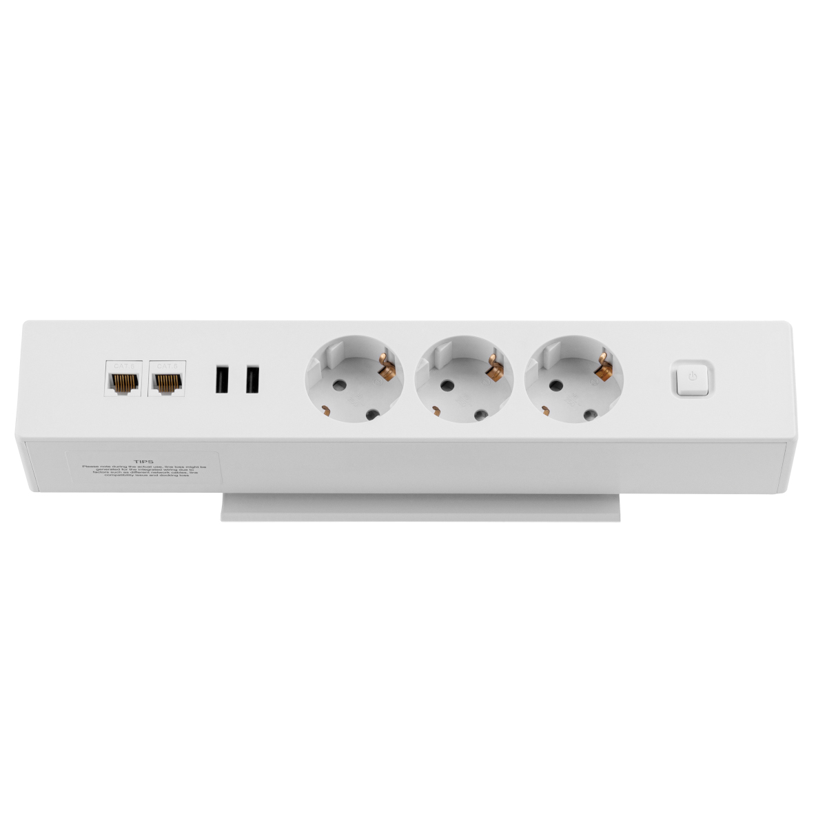 Eine weiße Steckdosenleiste mit drei Steckdosen, zwei Ethernet-Anschlüssen und zwei USB-Anschlüssen. Draufsicht.