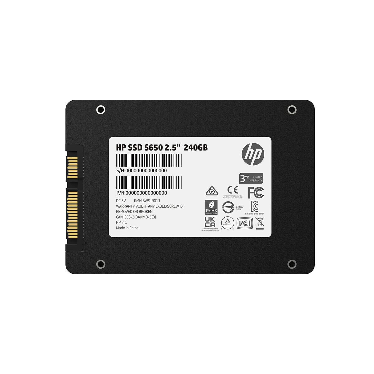 Czarny dysk SSD z białą etykietą 'HP SSD S650 2.5" 240GB' z informacjami.