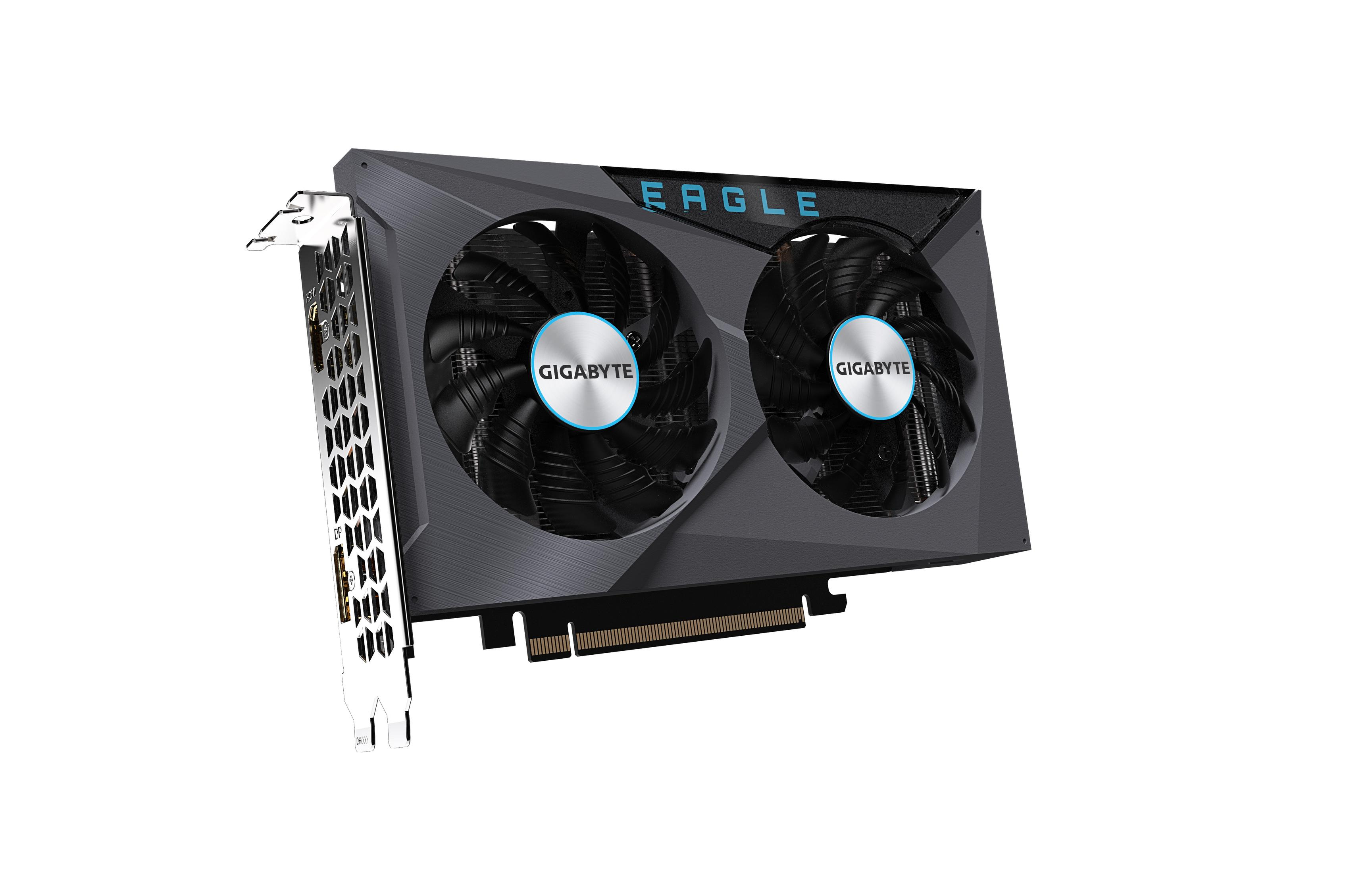 Tarjeta gráfica Gigabyte Eagle con dos ventiladores y nombre de la marca. Negro y gris.
