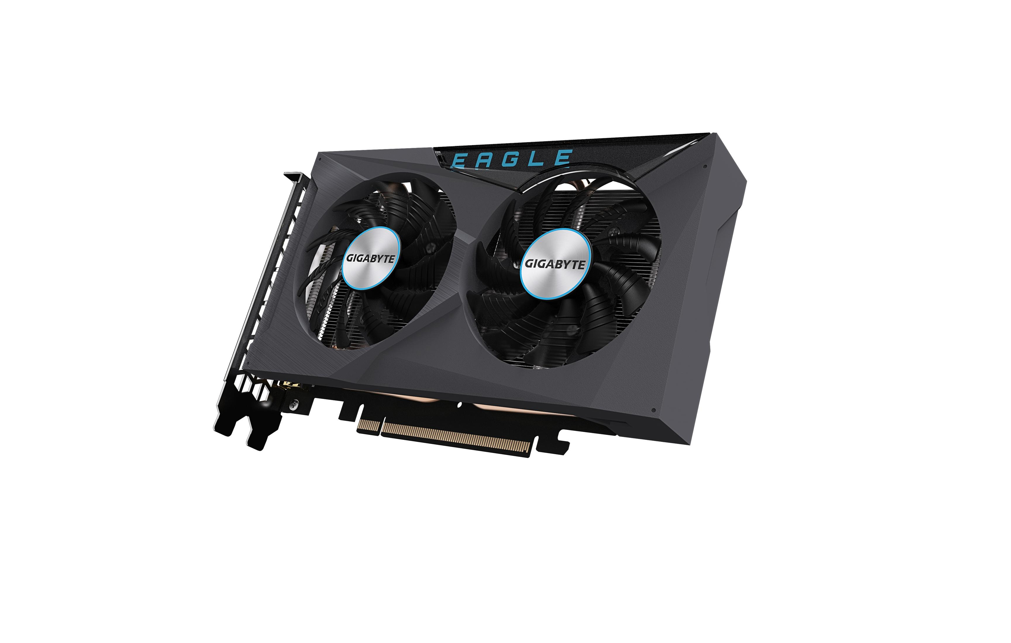 Tarjeta gráfica con dos ventiladores. La tarjeta es negra con 'EAGLE' y 'GIGABYTE'.