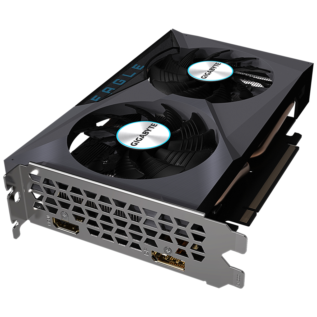 Tarjeta gráfica con dos ventiladores, la marca 'GIGABYTE' es visible.