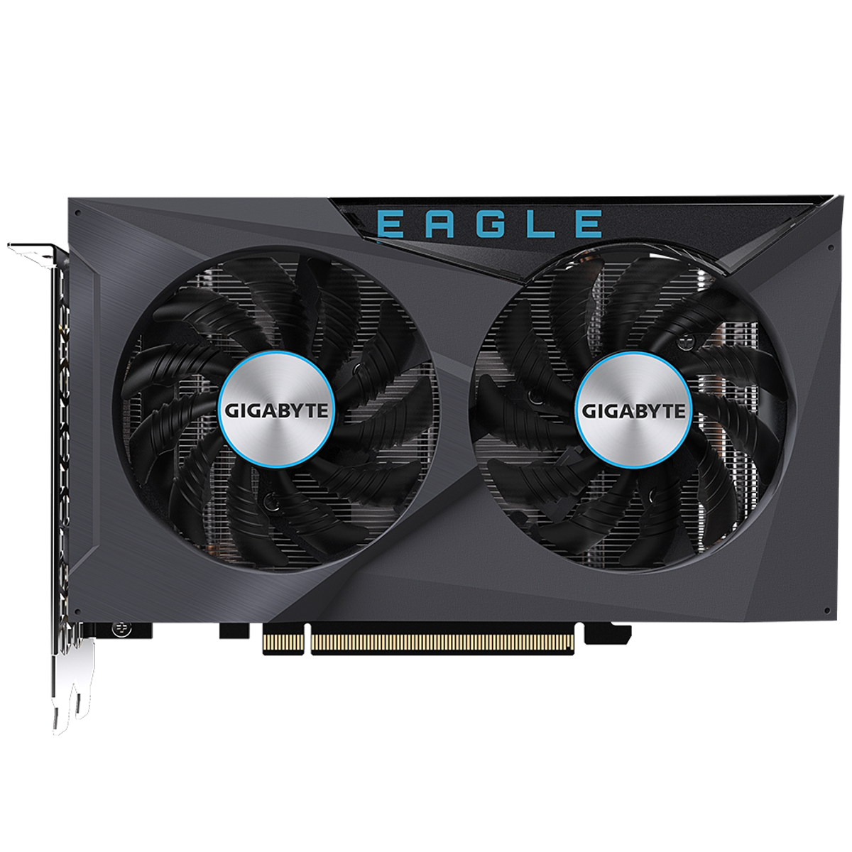 Tarjeta gráfica negra y gris con dos ventiladores y la palabra EAGLE.
