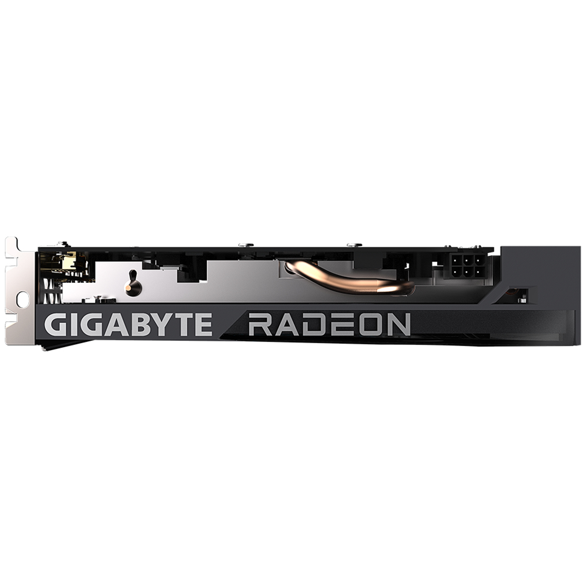 Una tarjeta gráfica Gigabyte Radeon negra y plateada, vista desde un lado, con texto visible.