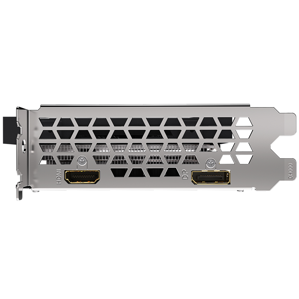 Tarjeta gráfica plateada y negra con puertos HDMI y DP.