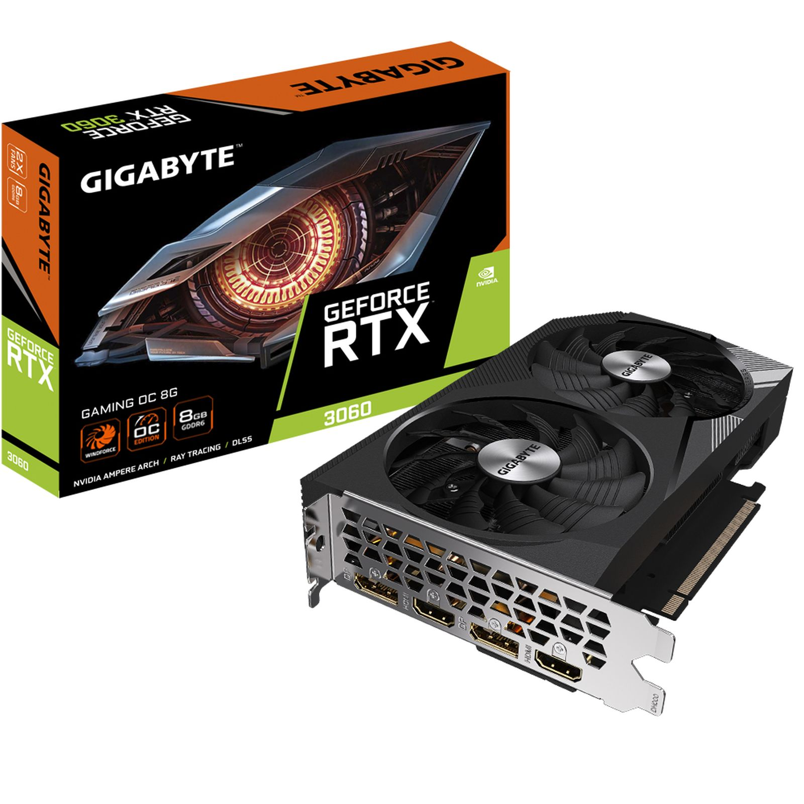 Karta graficzna Gigabyte RTX 3060 i pudełko. Pudełko jest czarno-pomarańczowe z tekstem.