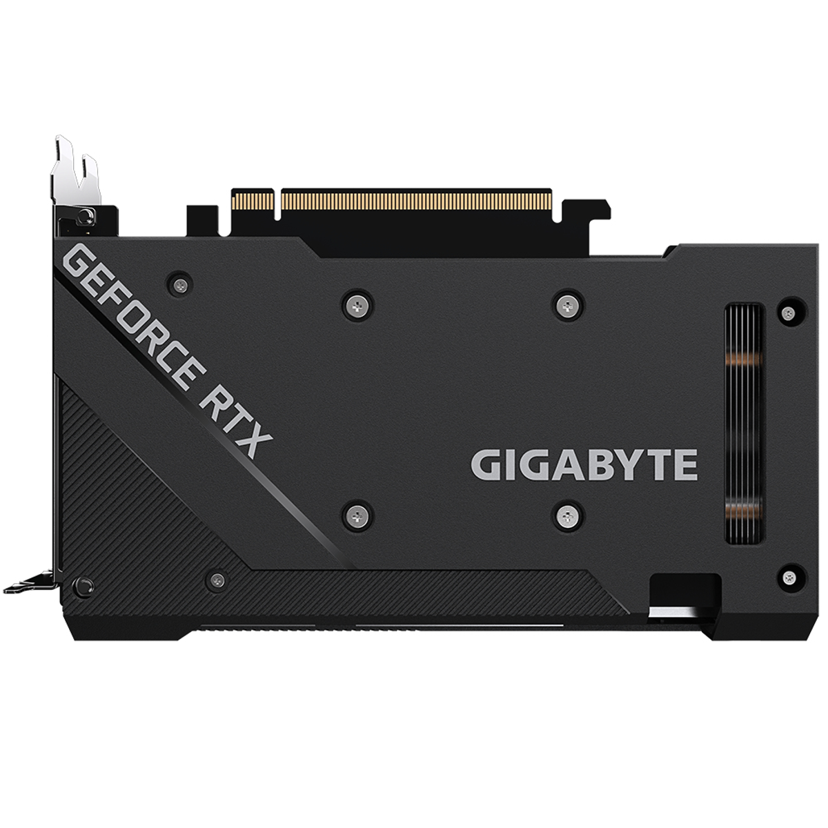 Czarna karta graficzna Gigabyte GeForce RTX z logo GeForce RTX z boku.