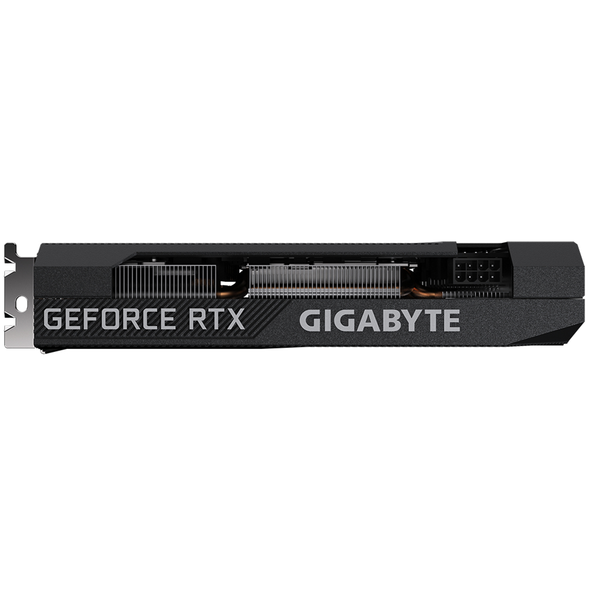 Czarna karta graficzna Gigabyte GeForce RTX z tekstem. To komponent komputera.